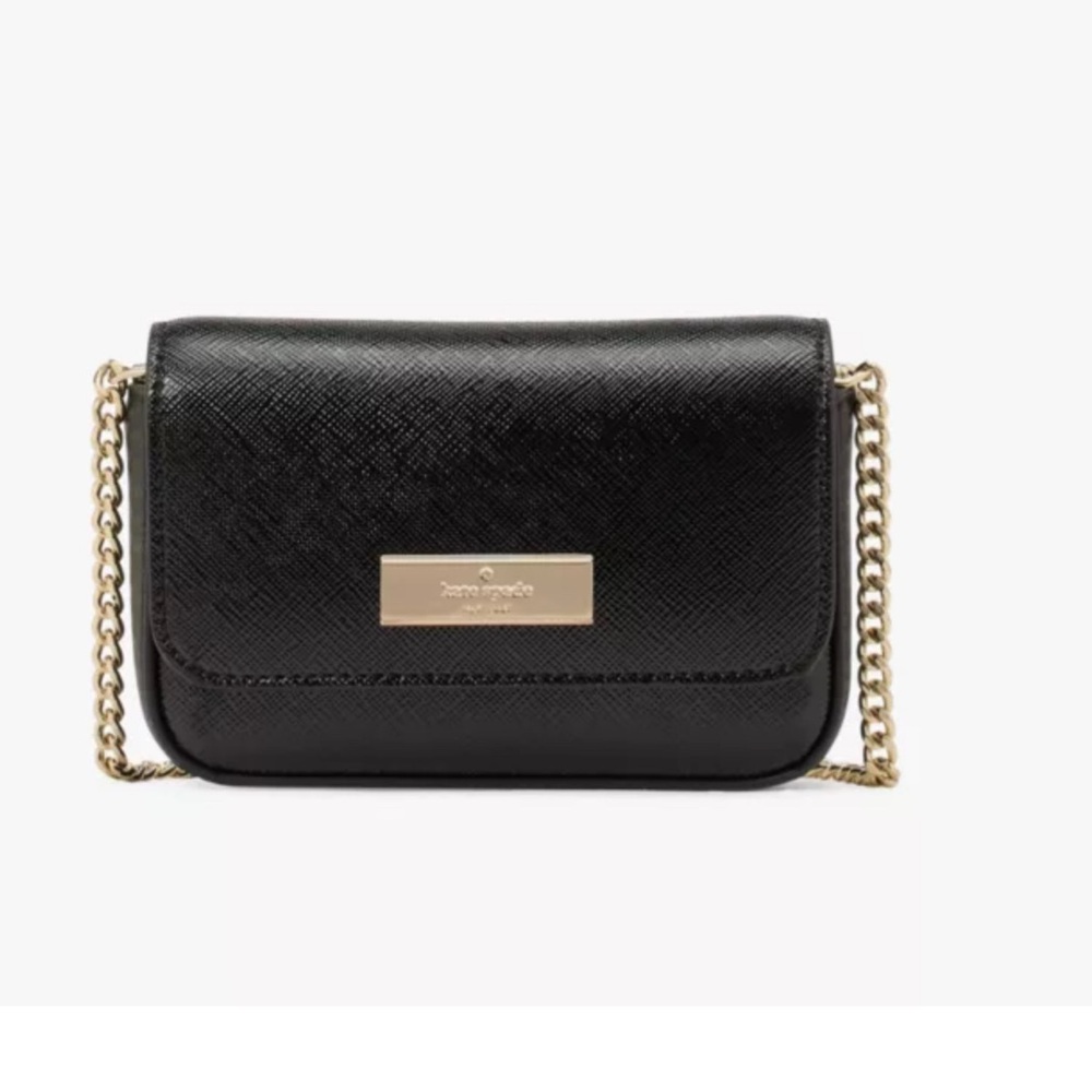 Kate Spade Black Mini Kennington Card Case Crossbody Bag with Gold Chain Accent